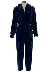 Fantastic Fall 1985 Yves Saint Laurent Deep Runway Blue Velvet Jumpsuit w Slouchy Front Pockets
