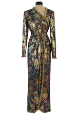 Fall 1990 Oscar de la Renta Metallic Gold Silk Lame Dress w Brass Bell Trim