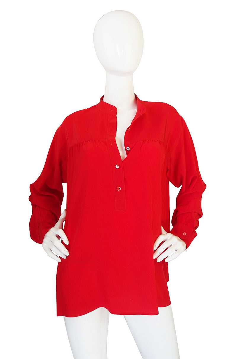 1970s Yves Saint Laurent Red Silk Smock Top