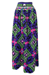 c.1974 Lanvin Bright Purple & Green Printed Jersey Full Length Maxi Skirt