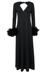 1970s Unlabeled Open Back Black Jersey Dress w Glossy Feather Cuffs