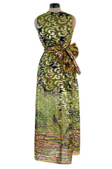Fabulous 1960s Unlabeled Metallic Green Organza Dress Set w Matching Hot Pants & Gold Trim