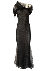 Incredible 2000s John Galliano Fine Black Lace Dress w Train & High Collar