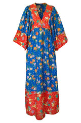 1960s Young Innocents by Arpeja Red & Blue Cotton Floral Print Caftan Dress