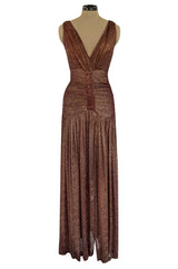 Late 1920s Unlabeled Gold Metallic Lame Thread Mixed w Deep Burgundy Silk Deep Plunge Dress