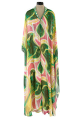 More Recent Unlabeled Vintage Flowing Silk Chiffon Jumpsuit in Pinks & Greens