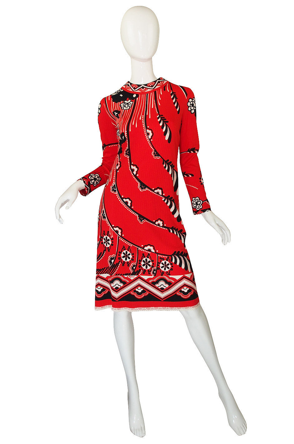 Cutest 1970s Paganne One Shoulder Red Pink & Blue Printed Jersey Dress w Swingy Skirt