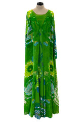 Phenomenal Early 1970s La Mendola Green Silk Jersey Caftan Dress w Silk Chiffon Overlay