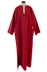 Late 1970s- Early 1980s Lanvin Rust Coloured Cotton Caftan Dress w Plunge Front & Side Pockets