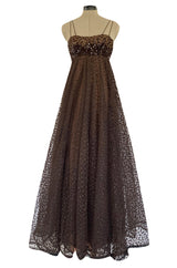 1960s Alfred Bosand Sequin Bodice Dotted Deep Brown Silk Net Dress W Matching Cape Overlay