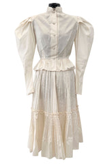 Gorgoeus Early 1980s Vicky Tiel Ivory Silk Pouf Shoulder Button Top & Pleated Skirt Set