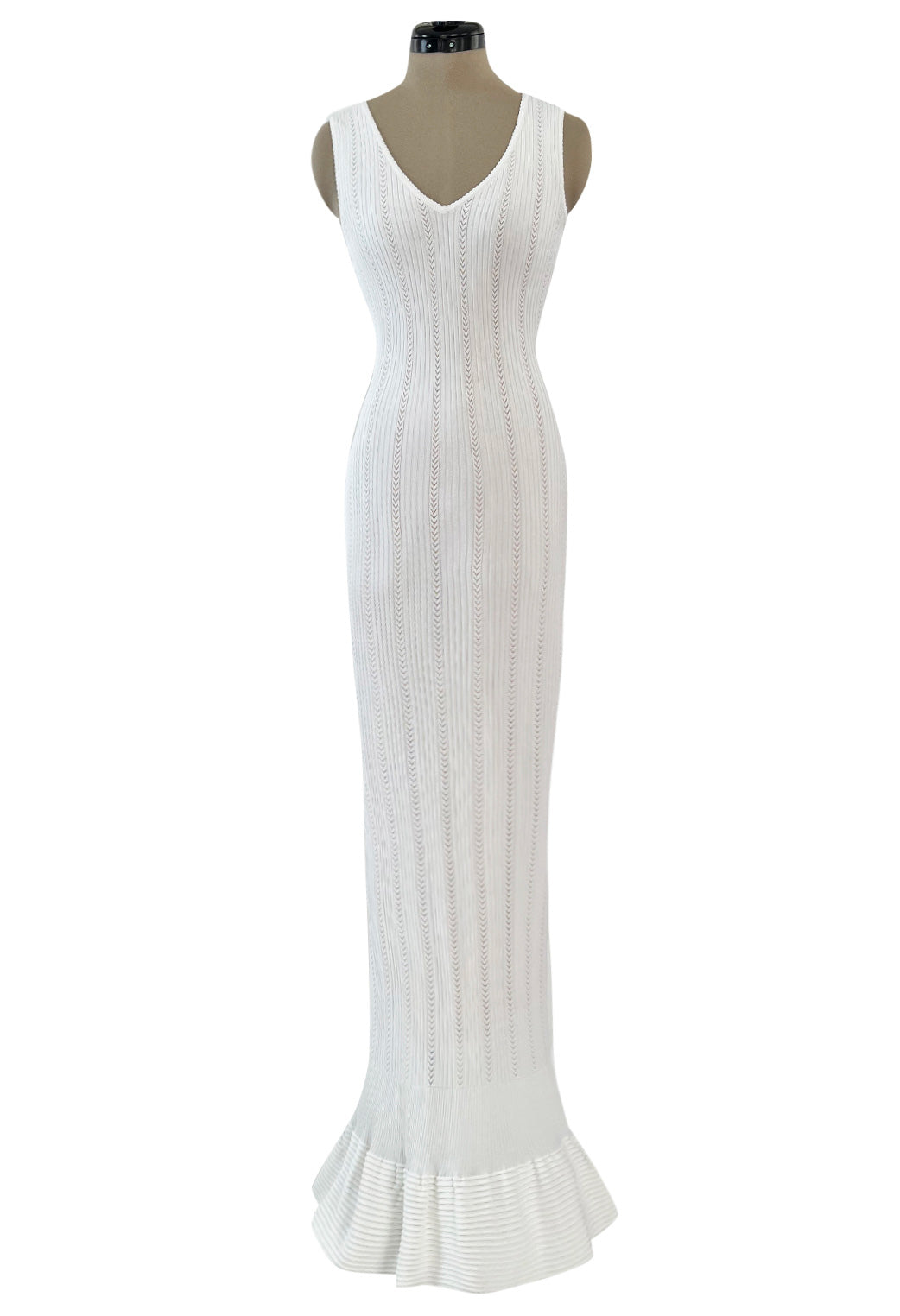 Mid 2000s Azzedine Alaia Supermodel Length White Knit w Nude Underlay Illusion Dress