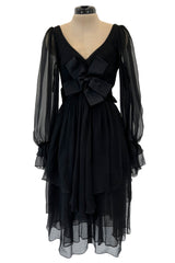 Incredible Fall 1993 Yves Saint Laurent Runway Black Silk Chiffon Dress W Ruffle Full Sleeves