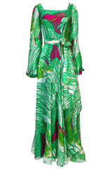 1970s Brilliant Green w Bright Pink Accents Printed Ribbon Silk Chiffon Full Length Maxi Dress