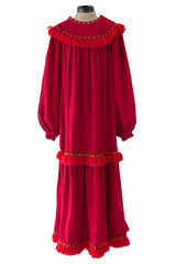 Runway Fall 1977 Yves Saint Laurent Red Wool Smock Dress w Fringe Yarn Detail