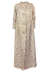 1960s Unlabeled Pink & Gold Metallic Silk Brocade Maxi Coat