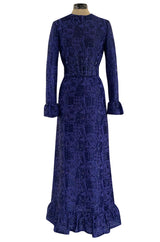 Extraordinary 1971 Givenchy Azure Blue Woven Silk & Metallic Thread Dress w Ruffled Cuffs & Hem