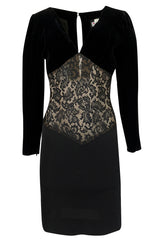 1980s Yves Saint Laurent Black Velvet, Lace & Jersey Dress