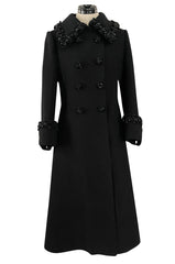 Glamorous 1960s Tailored Black Wool Coat w Densely Beaded Cuffs Collar & Buttons