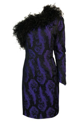 c.1988 Patrick Kelly Purple Brocade One Shoulder Feather Trim Dress