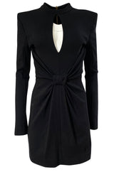 2010s Balmain Black Jersey Dress w Strong Shoulders, Front Knot & Keyhole