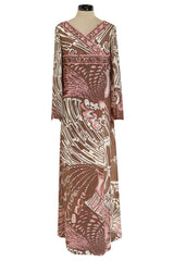 Wonderful 1960s Emilio Pucci Pink & Taupe Printed Silk Chiffon Caftan Dress