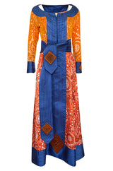 Dramatic 1970s Ronald Amey Orange Blue & Coral Print Silk Couture Dress