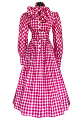 Spectacular Early 1960s Norman Norell Pink Gingham Silk Taffeta Dress w Bow & Pouf Sleeves