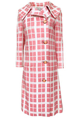 1960s Pierre Cardin Pink & White Check Woven Wool Fabric Spring Coat