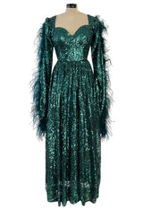 1970s Unlabeled Green Sequin Dress w Dramatic Feather Trimmed Open Extra Long Sleeve