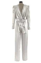 Amazing 1980s Flora Kung Pale Silver Satin Jumpsuit w Plunge Neckline & Tie Waist