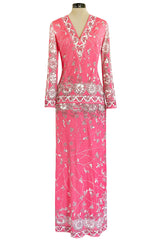 1970s Emilio Pucci Deep Pink Printed Silk Jersey Dress W High Snapped Slit Side Opening Skirt