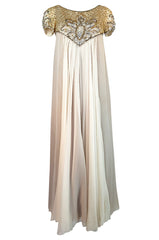 c.1958-1965 Helen Rose Hand Beaded Ivory Silk Chiffon & Gold Dress