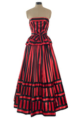 Stunning 1970s Victor Costa Red & Black Striped Satin Finish Strapless Dress