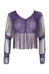 1971- 1973 Loris Azzaro Purple Metallic Lame Crochet Knit & Silver Chain Top
