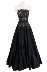 Rare c.1947 Nina Ricci Early Haute Couture Strapless Black Lace & Silk Taffeta Dress