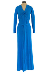 Documented Fall 1977 Halston Cashmere Sky Blue Dress w Extra Long Attached Wrap Ties