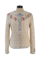 Wonderful 1980s Wolkenstricker Natural Linen Flax Colour Hand Knit Cardigan Sweater w Floral Details
