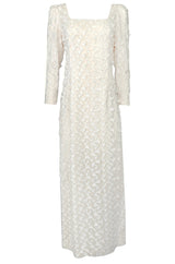 1970s Stavropoulos White Applique & Ivory Net Full Length Sheath Dress