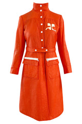 Iconic 1960s Andres Courreges Vivid Orange & White Vinyl Coat or Dress w Original Belt