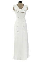 Chic Cruise 1997 Chanel by Karl Lagerfeld White Dress w Large Collar & Logo Buttons