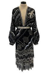 Sexy 1982 Fabrice Simon Black Densely Beaded Silk Chiffon Dress w Plunge Front