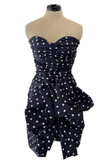1980s Loris Azzaro Deep Blue Silk Strapless Dress w White Dots & Unusual Skirt