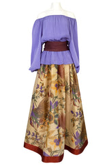 Fall 1977 Bill Blass Printed Silk Taffeta Skirt & Off Shoulder Purple Silk Top Dress Set