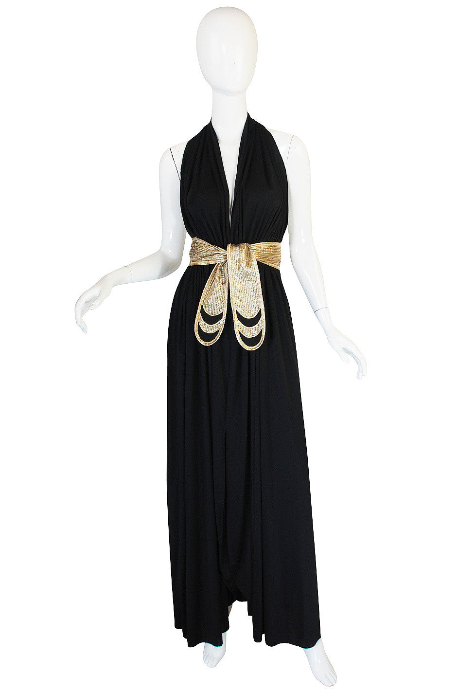 Documented 1981 Bill Tice Plunge Front Black & Gold Nylon Jersey Backless Halter Dress