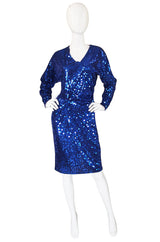 1980s Oleg Cassini Blue Sequin Dress