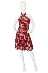 1980s Gathered Silk Chiffon Red Print Dress