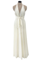 Faboulous 1970s Halston Ivory Jersey Dress W Plunged Front Full Skirt & Tie Waist