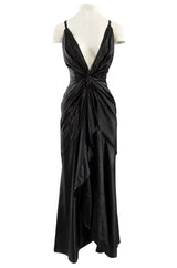 c.1984 John Anthony Black Metallic Lame Jersey Dress w Very Deep Front Plunge & No Back