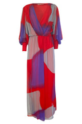 1970s Hanae Mori Full Sleeve Red & Purple Silk Chiffon Maxi Dress